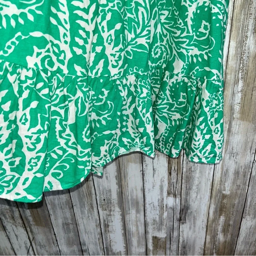 Zara Green White Linen Blend Mini Dress Printed Long Sleeve V Neck Flowy Size S - Picture 5 of 6